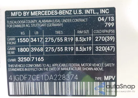 2013 Mercedes-Benz Gl 450 4Matic z USA, uszkodzony, nr VIN 4JGDF7CE1DA228374